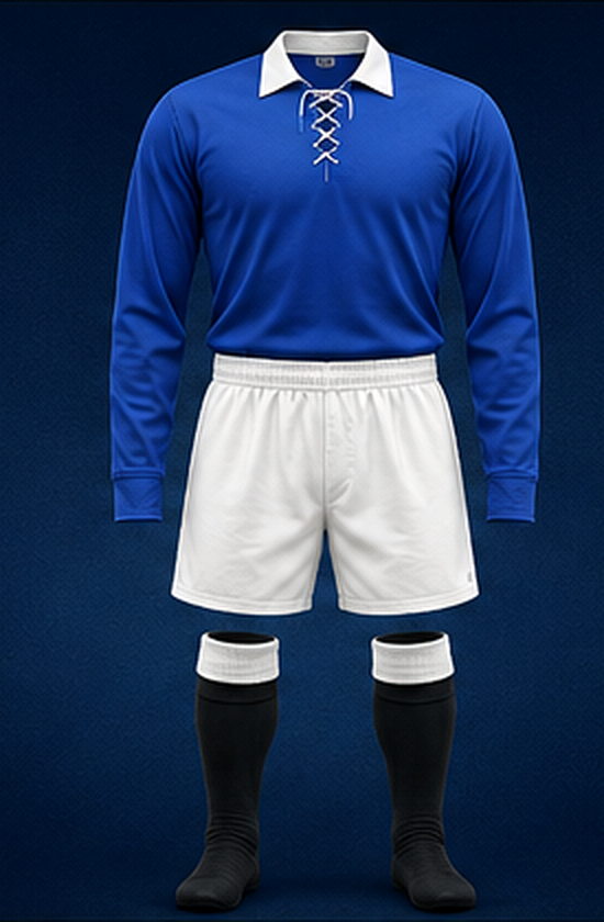 Southend United 1920–21 home kit with royal-blue shirt, white shorts and black socks