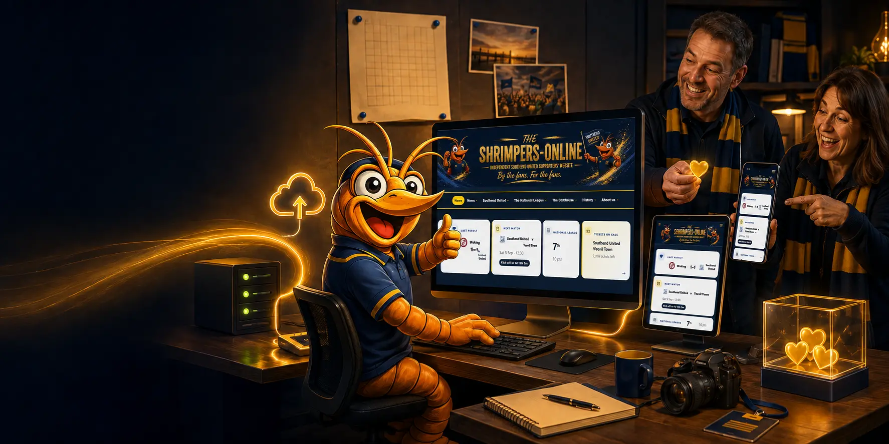 Shrimpie at a desk with The Shrimpers-online on a computer, tablet and phone