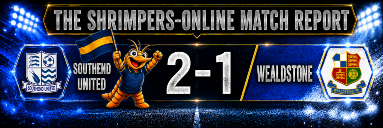 Southend United 2–1 Wealdstone: Shrimpie celebrates on the Southend side, waving a navy-and-gold flag.