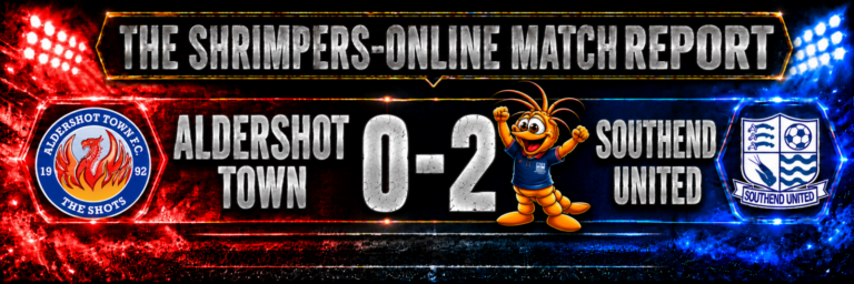 Aldershot Town 0–2 Southend United match report, with Shrimpie celebrating beside Southend.