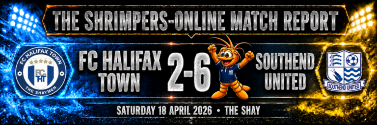 FC Halifax Town 2–6 Southend United match report, with Shrimpie celebrating beside Southend.