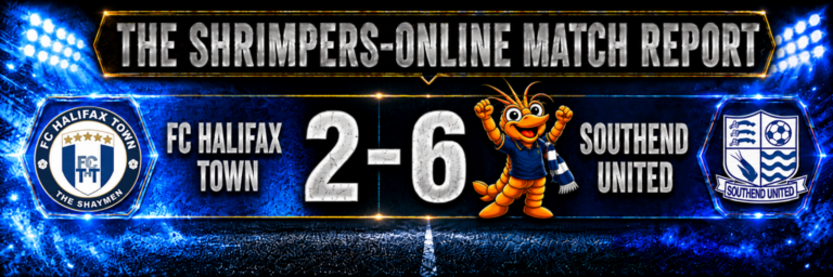 FC Halifax Town 2–6 Southend United, with Shrimpie celebrating beside Southend against its navy-blue background.