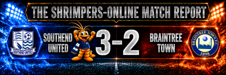 Southend United 3–2 Braintree Town match report, with Shrimpie celebrating beside Southend.