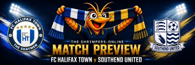 FC Halifax Town v Southend United match preview: both club badges and Shrimpie holding a half-and-half scarf.