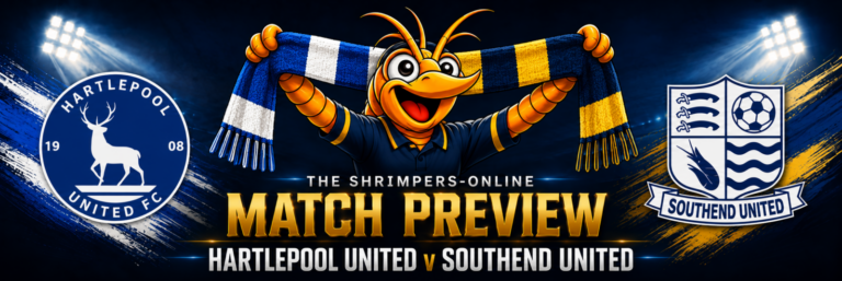 Hartlepool United v Southend United match preview: both club badges and Shrimpie holding a half-and-half scarf.