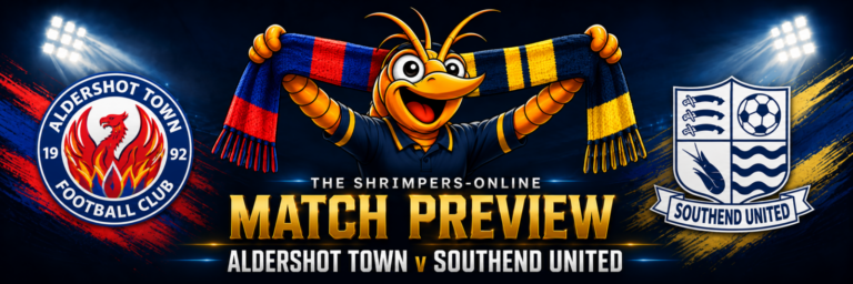 Aldershot Town v Southend United match preview: both club badges and Shrimpie holding a half-and-half scarf.