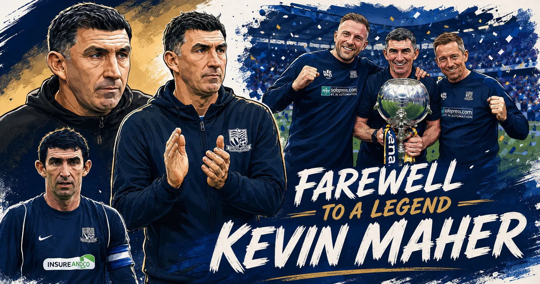 Cartoon-style tribute poster for Southend United legend Kevin Maher