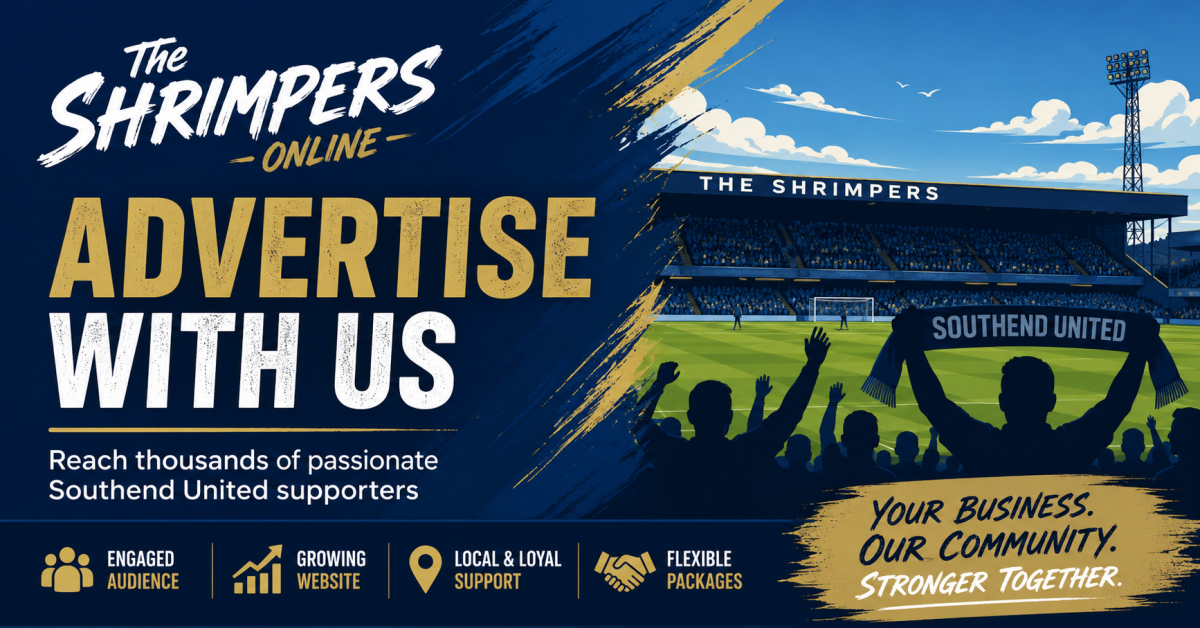 Advertise With The Shrimpers-online promotional graphic featuring Southend United supporters and football stadium.