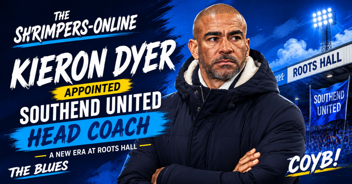 Kieron Dyer Appointed Southend United Head Coach 1 Kieron Dyer featured in a bold cartoon-style graphic after being appointed Southend United Head Coach, standing in front of Roots Hall with dramatic blue lighting and The Shrimpers-online branding.