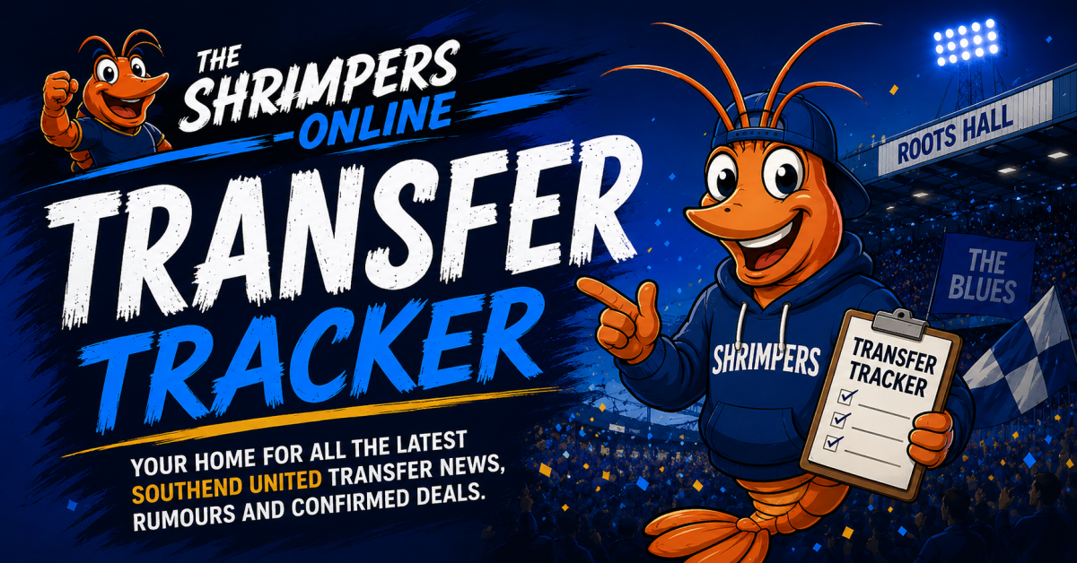 Southend United Transfer Tracker 2026/27 featuring The Shrimpers-online mascot tracking arrivals, departures and transfer rumours.