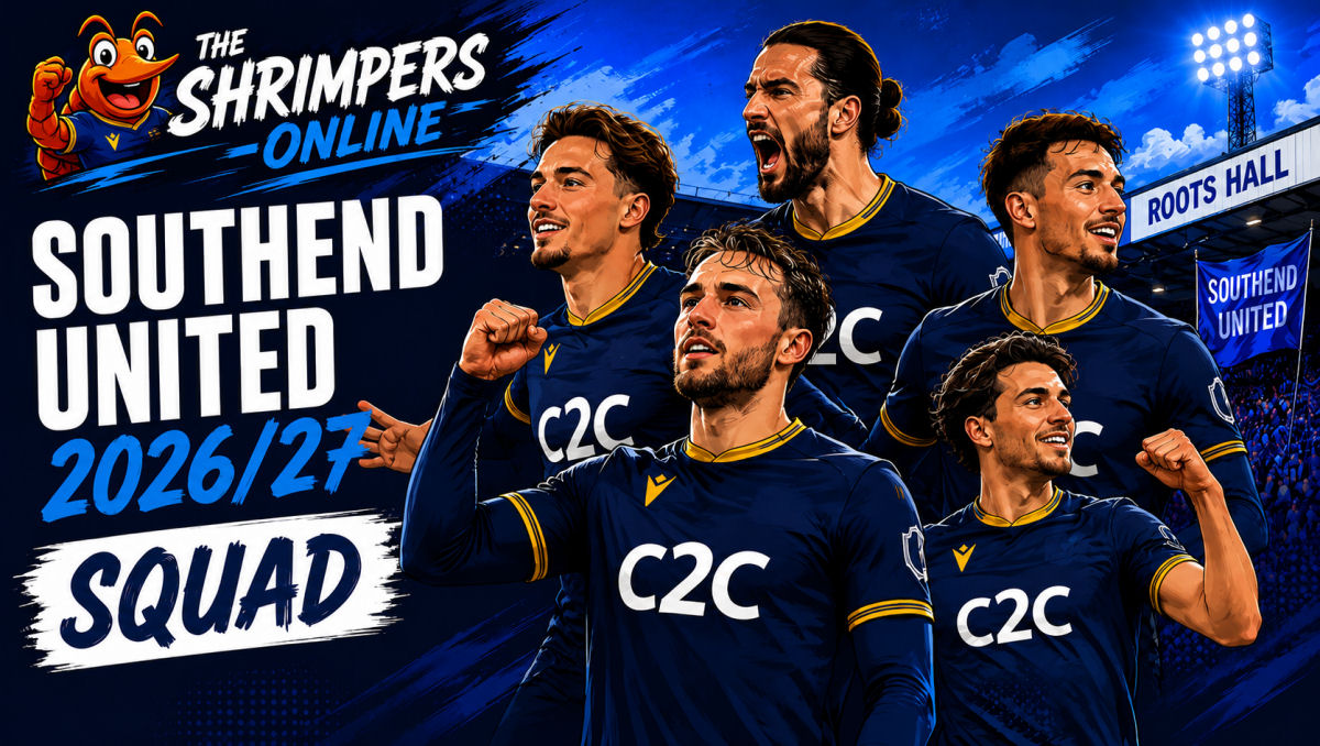Southend United 2026/27 squad cartoon featured image showing first-team players at Roots Hall with The Shrimpers-online branding