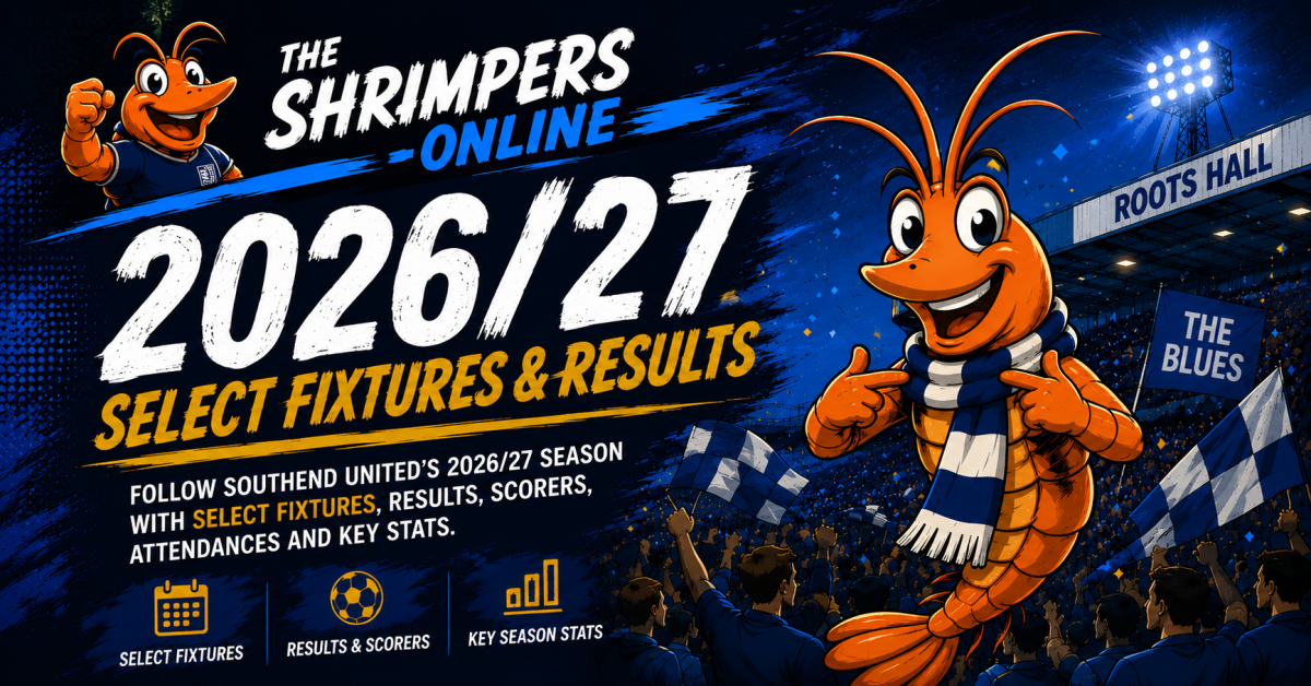 Southend United 2026/27 Fixtures and Results featured image with The Shrimpers-online mascot and Roots Hall stadium