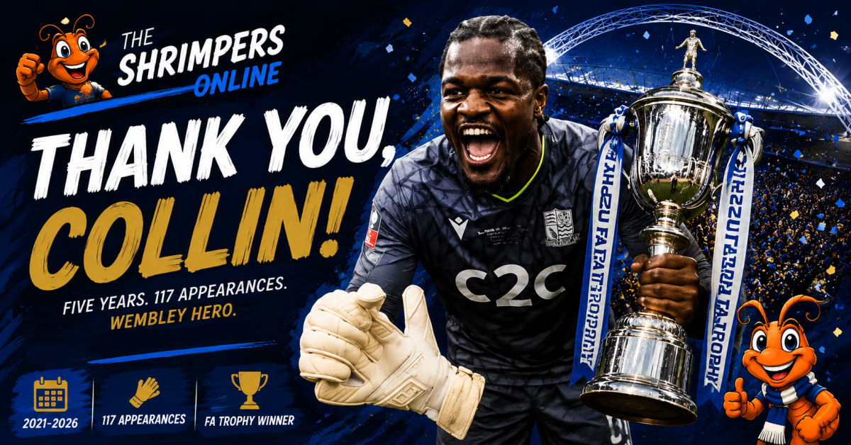 Cartoon-style featured image thanking Collin Andeng-Ndi for his time at Southend United after joining Peterborough United, featuring the FA Trophy and The Shrimpers-online mascot.
