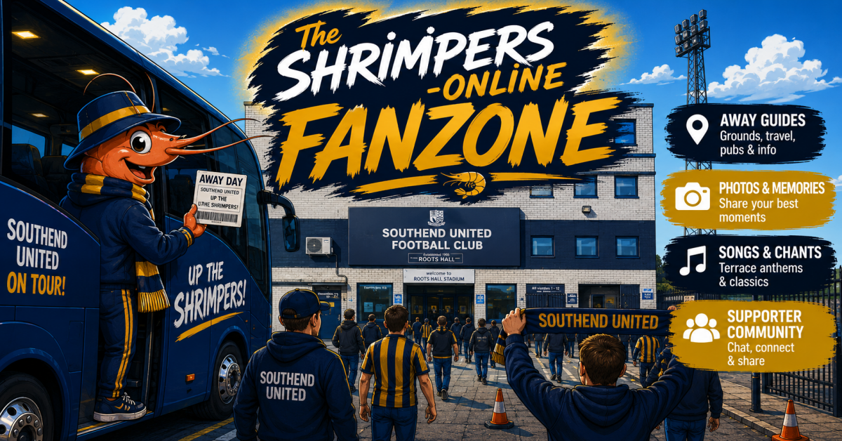 Southend United supporters arriving at Roots Hall with The Shrimpers-online mascot and away day coach outside the stadium entrance