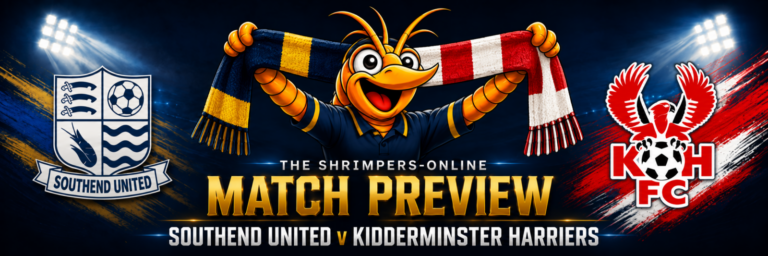 Southend United v Kidderminster Harriers match preview: both club badges and Shrimpie holding a half-and-half scarf.