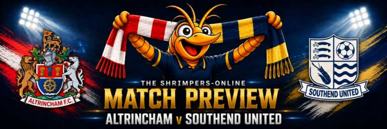 Altrincham v Southend United match preview: both club badges and Shrimpie holding a half-and-half scarf.