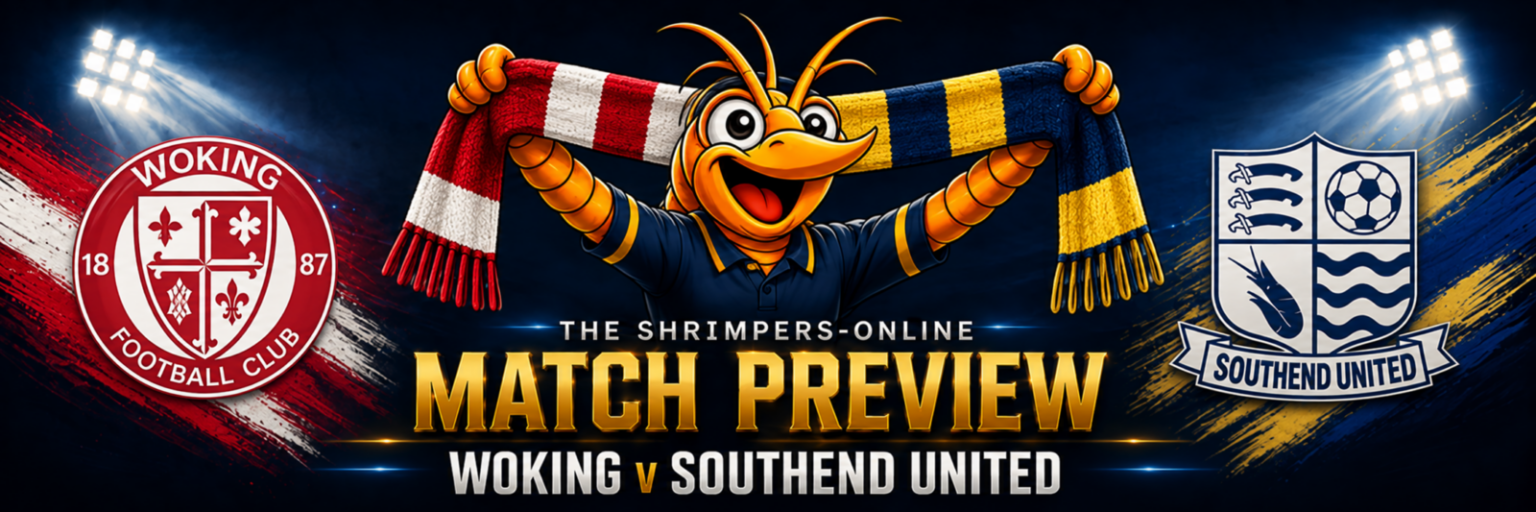 Woking v Southend United match preview: both club badges and Shrimpie holding a half-and-half scarf.