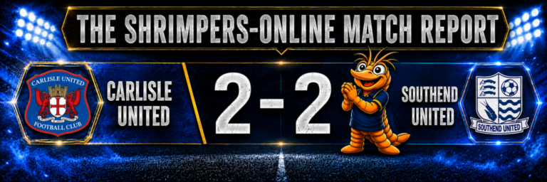 Carlisle United 2β2 Southend United match report graphic featuring Shrimpie applauding