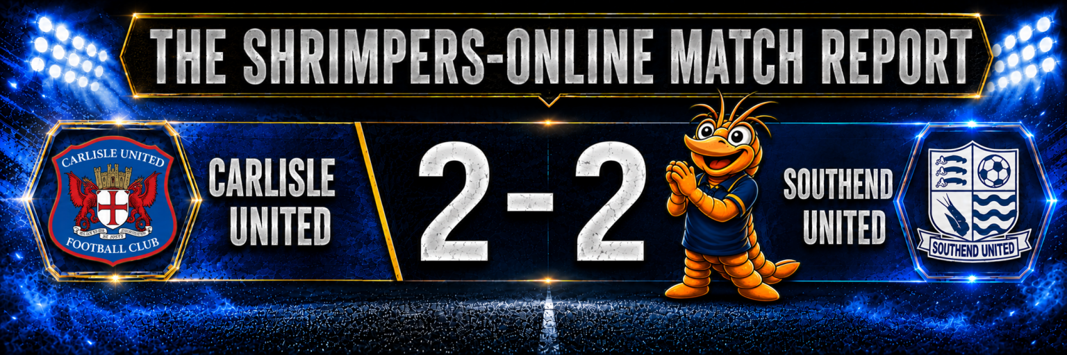 Carlisle United 2–2 Southend United match report graphic featuring Shrimpie applauding
