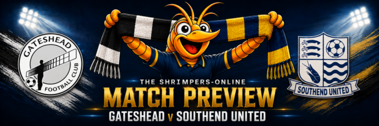 Gateshead v Southend United match preview featuring both club badges and Shrimpie™ holding a half-and-half scarf