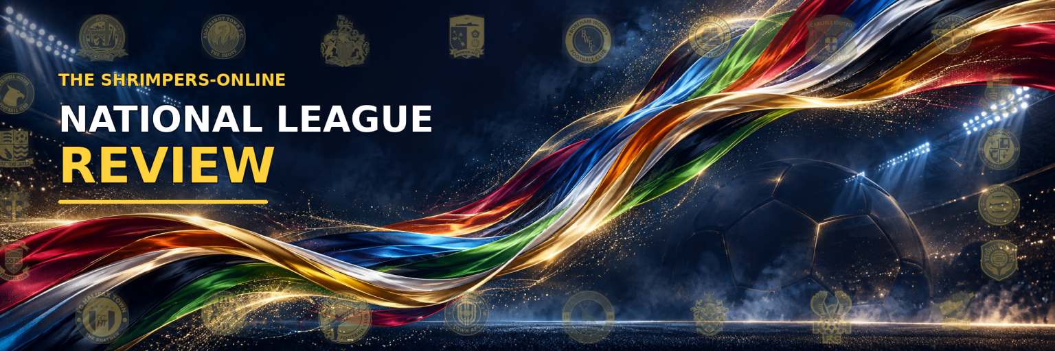 The Shrimpers-online National League Review graphic featuring all 24 National League club badges and a flowing ribbon of club colours.