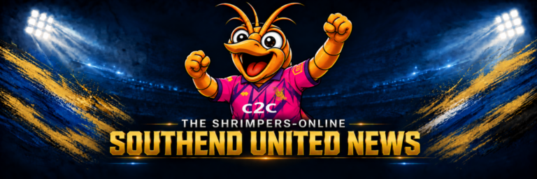 Shrimpieβ’ celebrating in a Southend United pink shirt on The Shrimpers-online Southend United News banner