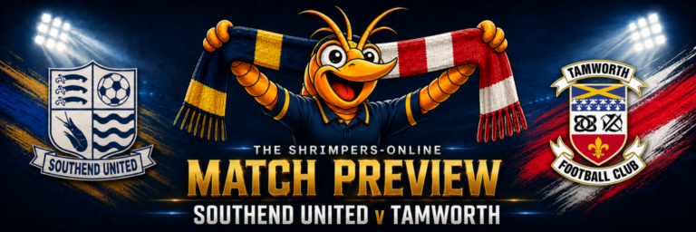 Southend United v Tamworth match preview featuring both club badges and Shrimpieβ’ holding a half-and-half scarf