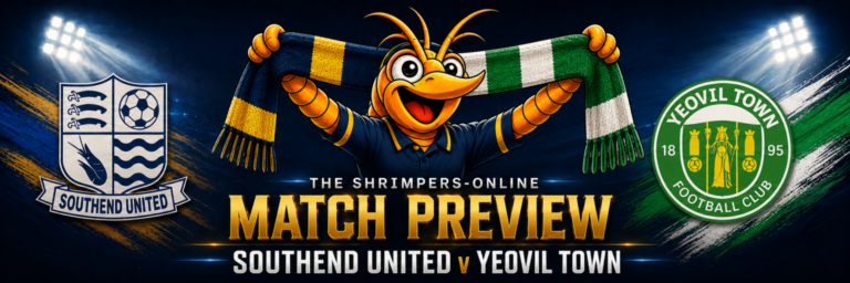 Southend United v Yeovil Town match preview featuring both club badges and Shrimpie holding a half-and-half scarf