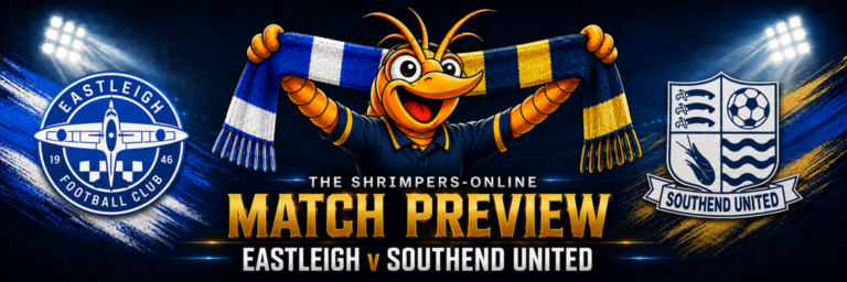 Eastleigh v Southend United match preview graphic featuring the club badges and Shrimpie™