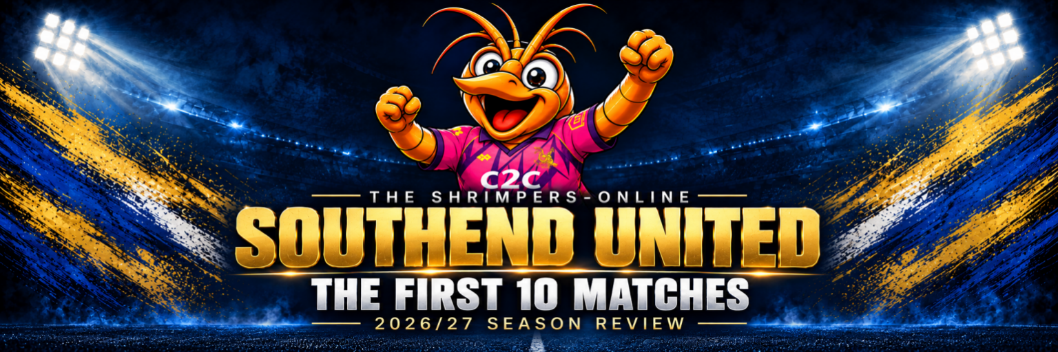 Shrimpie™ in Southend United’s pink shirt on a floodlit stadium graphic for The Shrimpers-online’s first 10 matches review