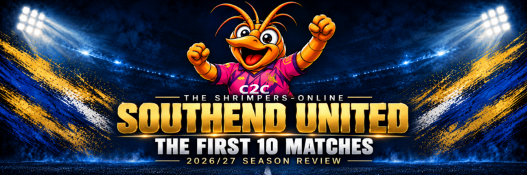 Shrimpie™ in Southend United’s pink shirt on a floodlit stadium graphic for The Shrimpers-online’s first 10 matches review