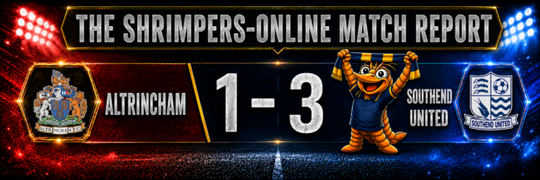 Altrincham 1–3 Southend United match report graphic featuring celebrating Shrimpie
