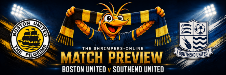 Boston United v Southend United match preview featuring both club badges and Shrimpieâ„¢ holding a half-and-half scarf