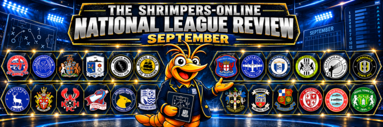 National League September review featuring Shrimpie with a tactics board and the 24 club badges.