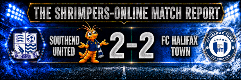 Southend United 2β2 FC Halifax Town match report banner: disappointed Shrimpie beside the Southend crest, 2β2 scoreline and FC Halifax Town crest.