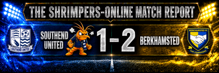 Southend United 1–2 Berkhamsted FA Cup match report graphic showing both club crests and a furious Shrimpie beside Southend.