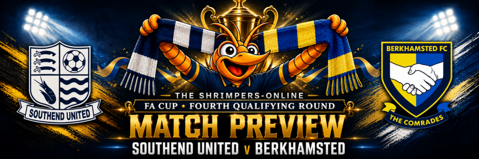 Southend United v Berkhamsted FA Cup fourth qualifying round match preview graphic featuring Shrimpie holding a half-and-half scarf, both club crests and the FA Cup trophy.