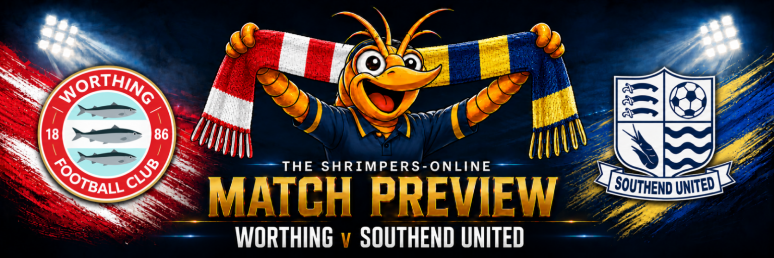 Worthing v Southend United match preview graphic with Shrimpie™ holding both teams’ scarves, Worthing and Southend crests